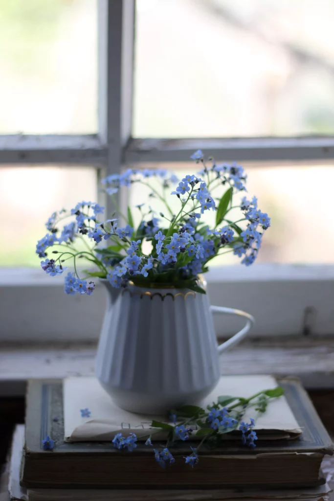 Fleurs bleues dans un pichet blanc